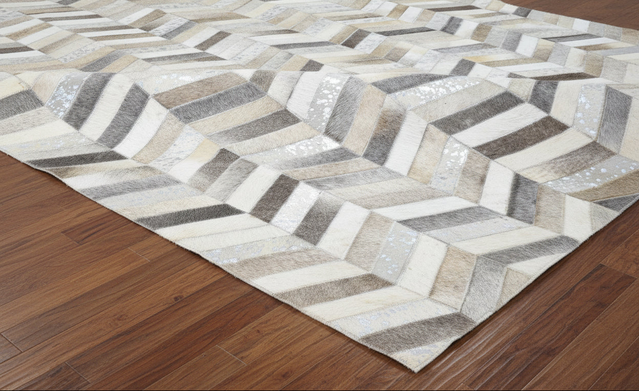 French Chevron Handmade Beige Gray Leather Area Rug | Modern Patchwork Cowhide Rug