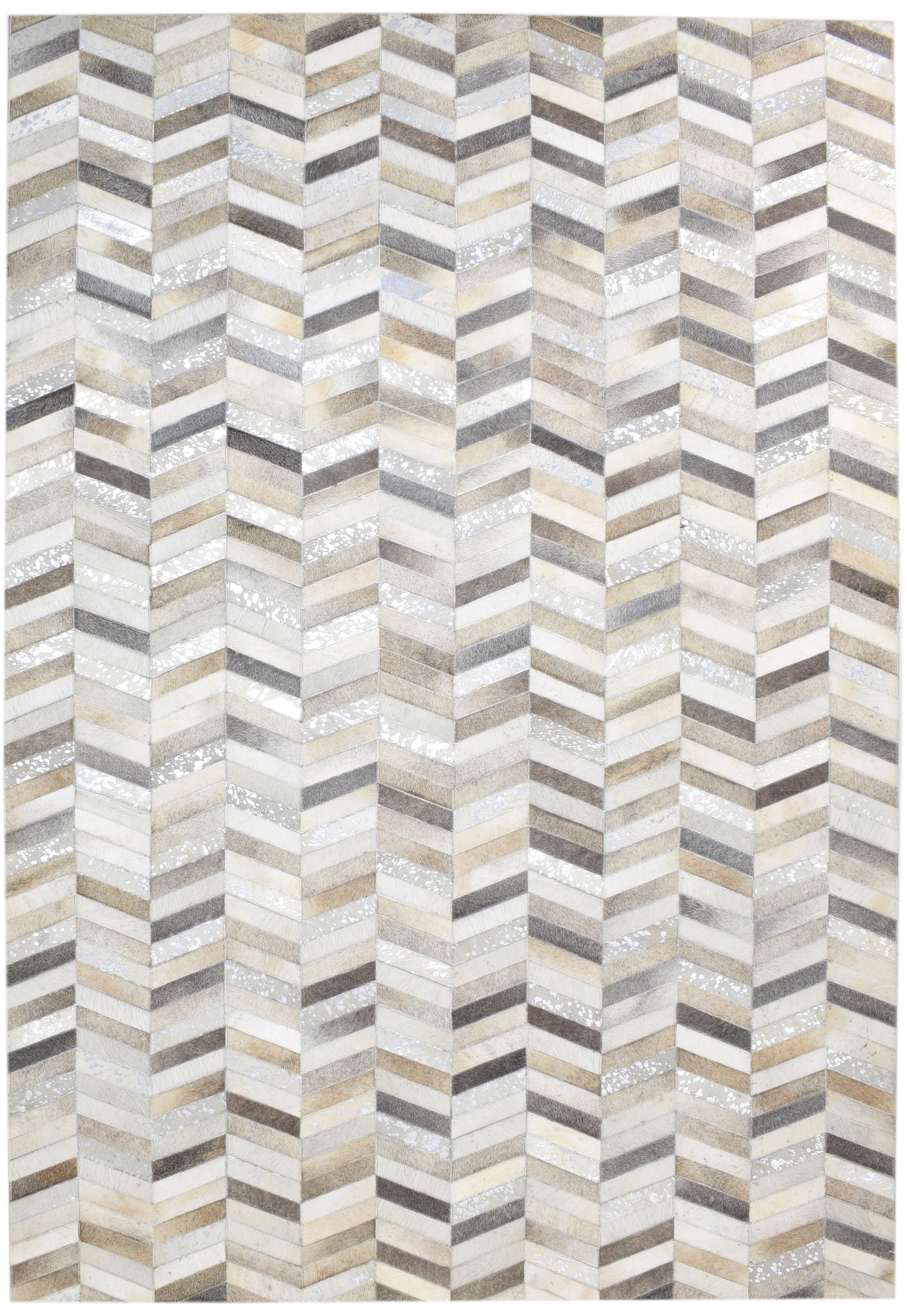 French Chevron Handmade Beige Gray Leather Area Rug | Modern Patchwork Cowhide Rug