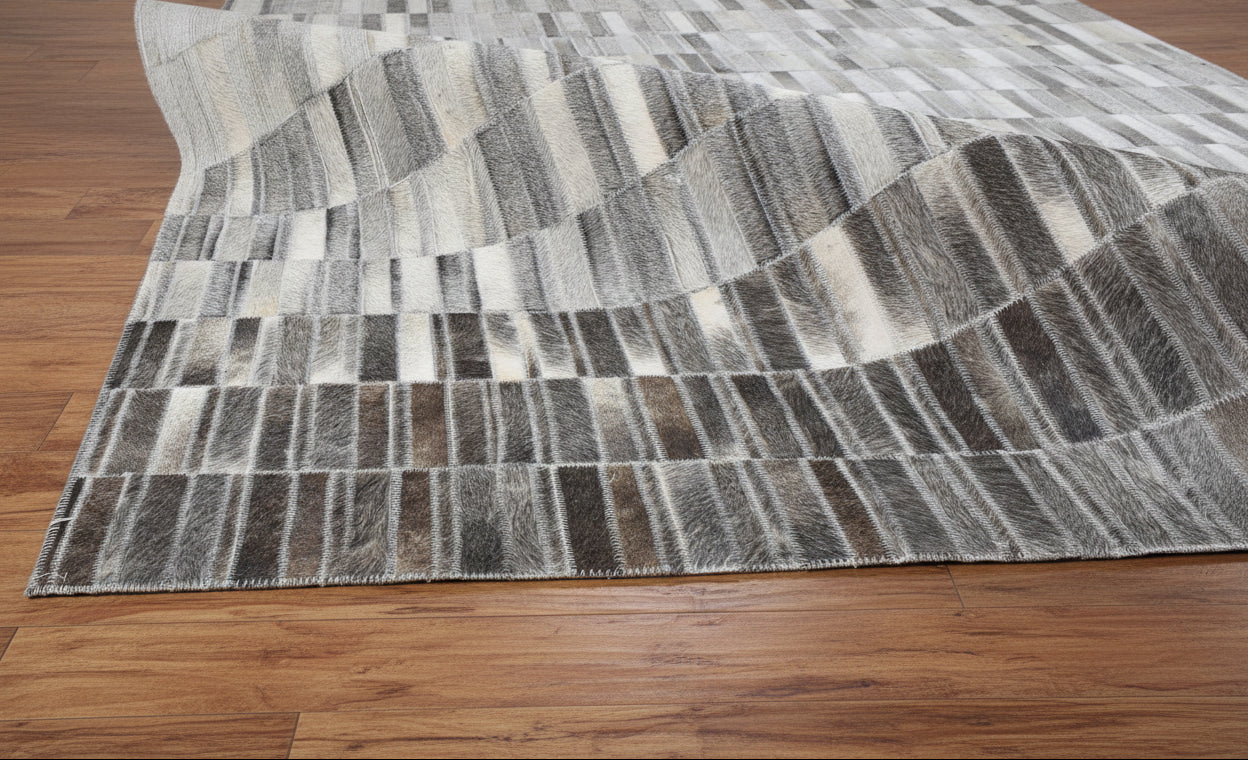 Maurise Handmade Gray Leather Stripes Rug | Modern Patchwork Cowhide Rug
