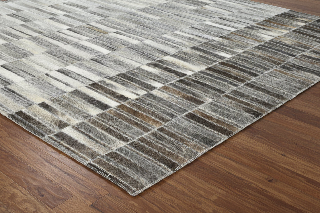 Maurise Handmade Gray Leather Stripes Rug | Modern Patchwork Cowhide Rug