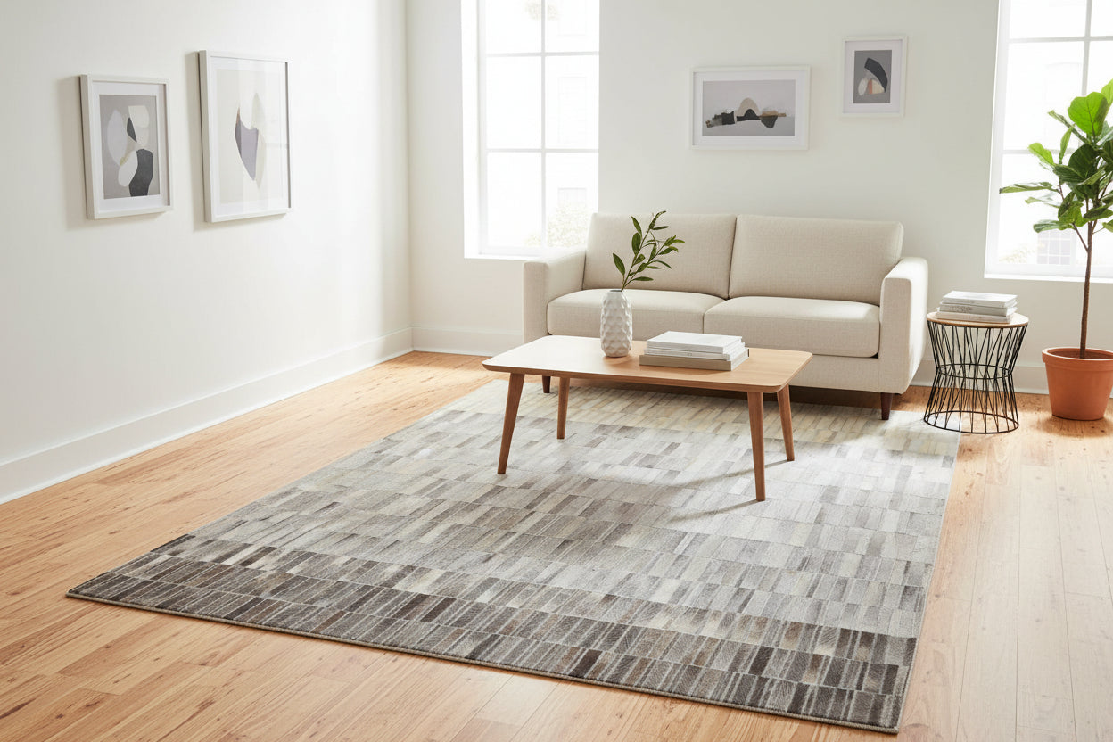 Maurise Handmade Gray Leather Stripes Rug | Modern Patchwork Cowhide Rug