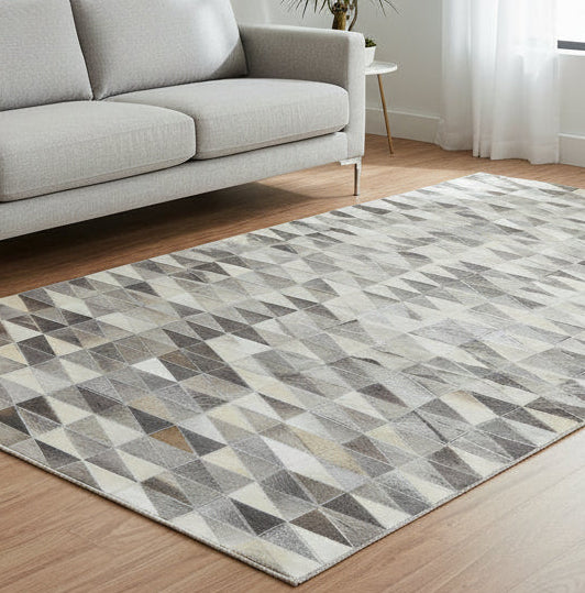 Joscelin Handmade Leather Charcoal Gray Diamonds Area Rug | Modern Patchwork Triangles Cowhide Rug