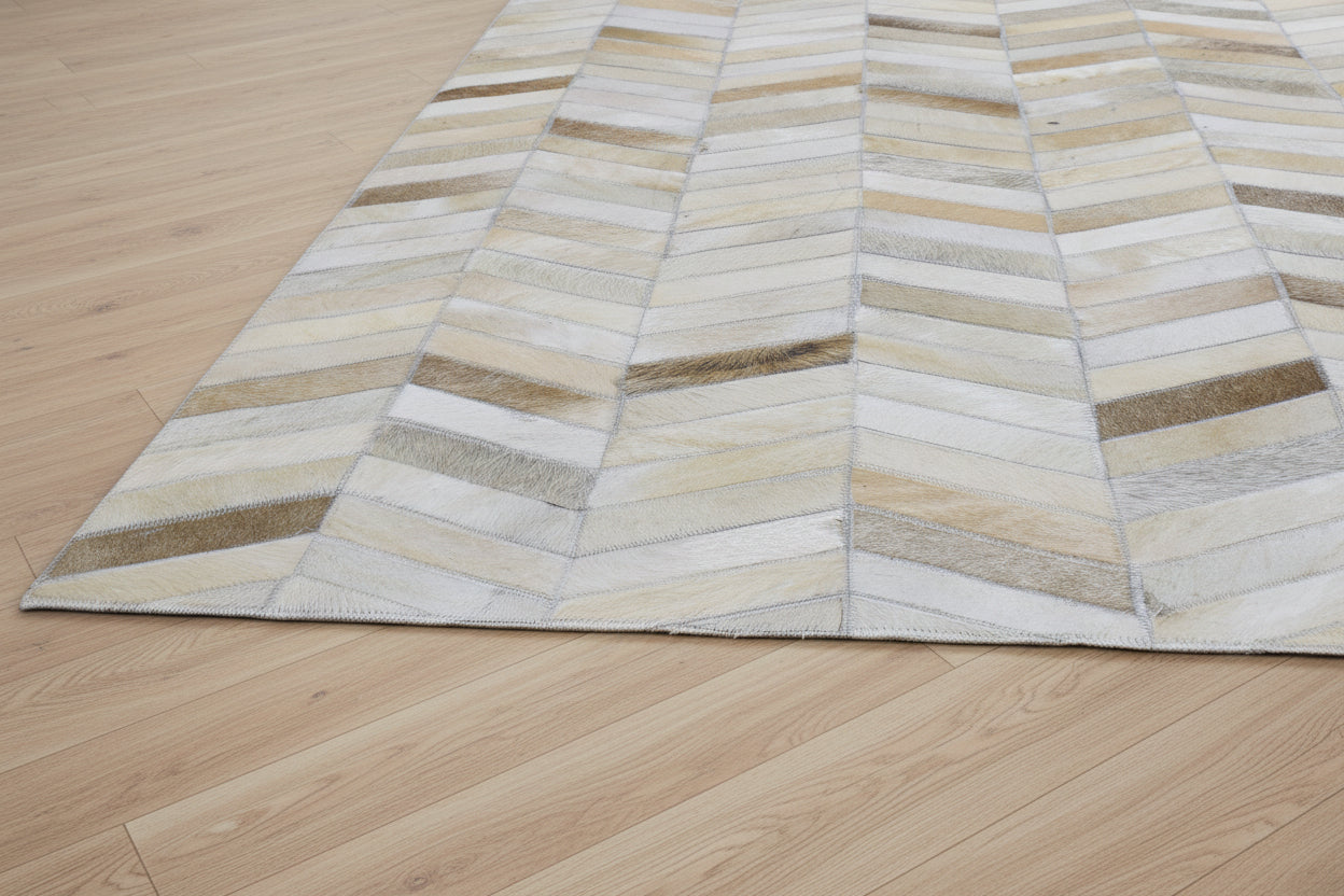 French Chevron Handmade Beige Leather Area Rug | Modern Patchwork Cowhide Rug