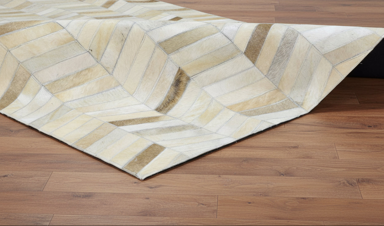 French Chevron Handmade Beige Leather Area Rug | Modern Patchwork Cowhide Rug