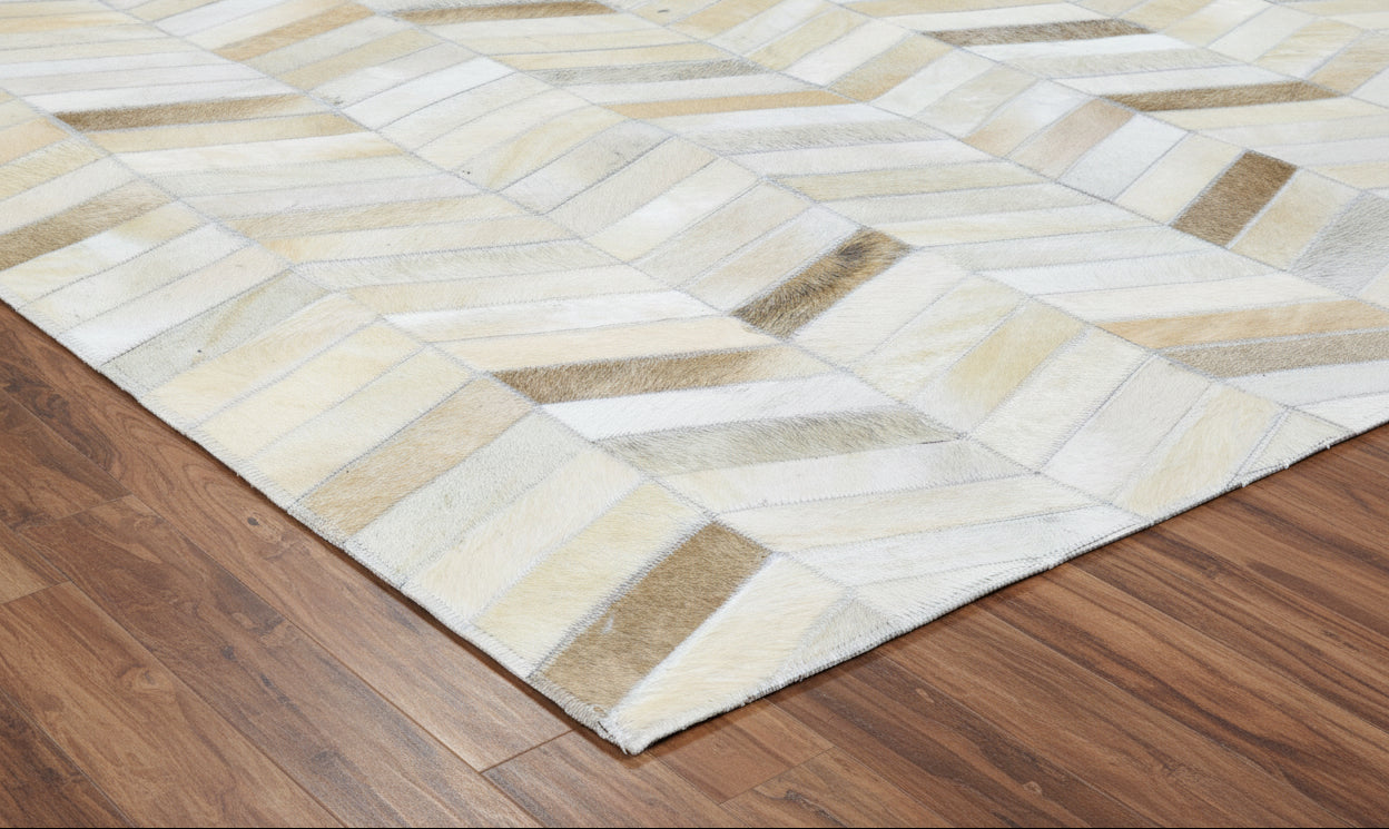 French Chevron Handmade Beige Leather Area Rug | Modern Patchwork Cowhide Rug