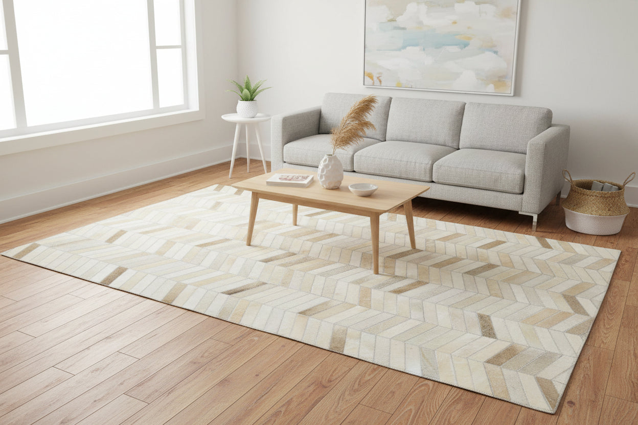 French Chevron Handmade Beige Leather Area Rug | Modern Patchwork Cowhide Rug