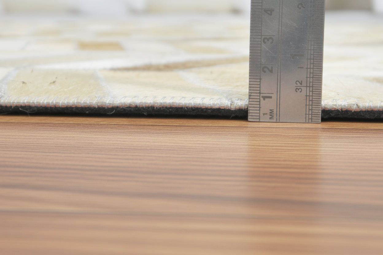 French Chevron Handmade Beige Leather Area Rug | Modern Patchwork Cowhide Rug