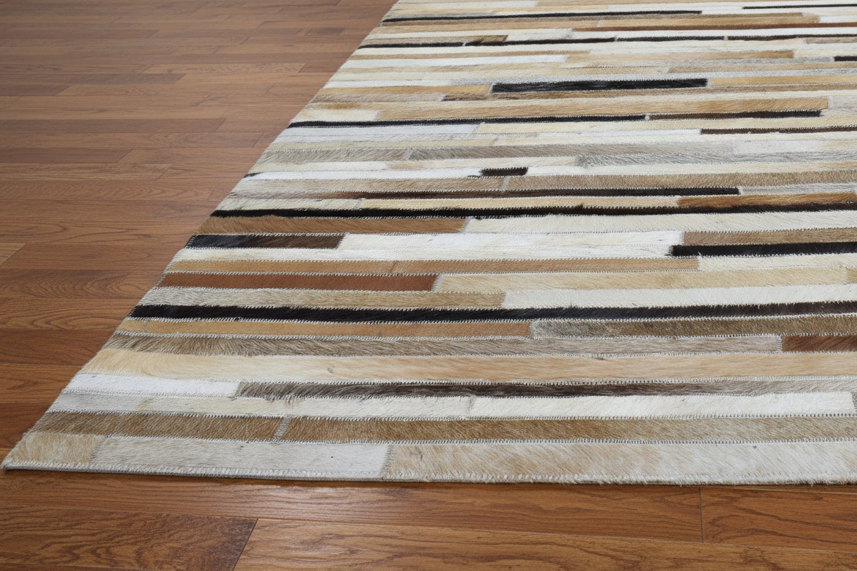 Allx Handmade Leather Brown Striped Area Rug | Modern Patchwork Cowhide Rug