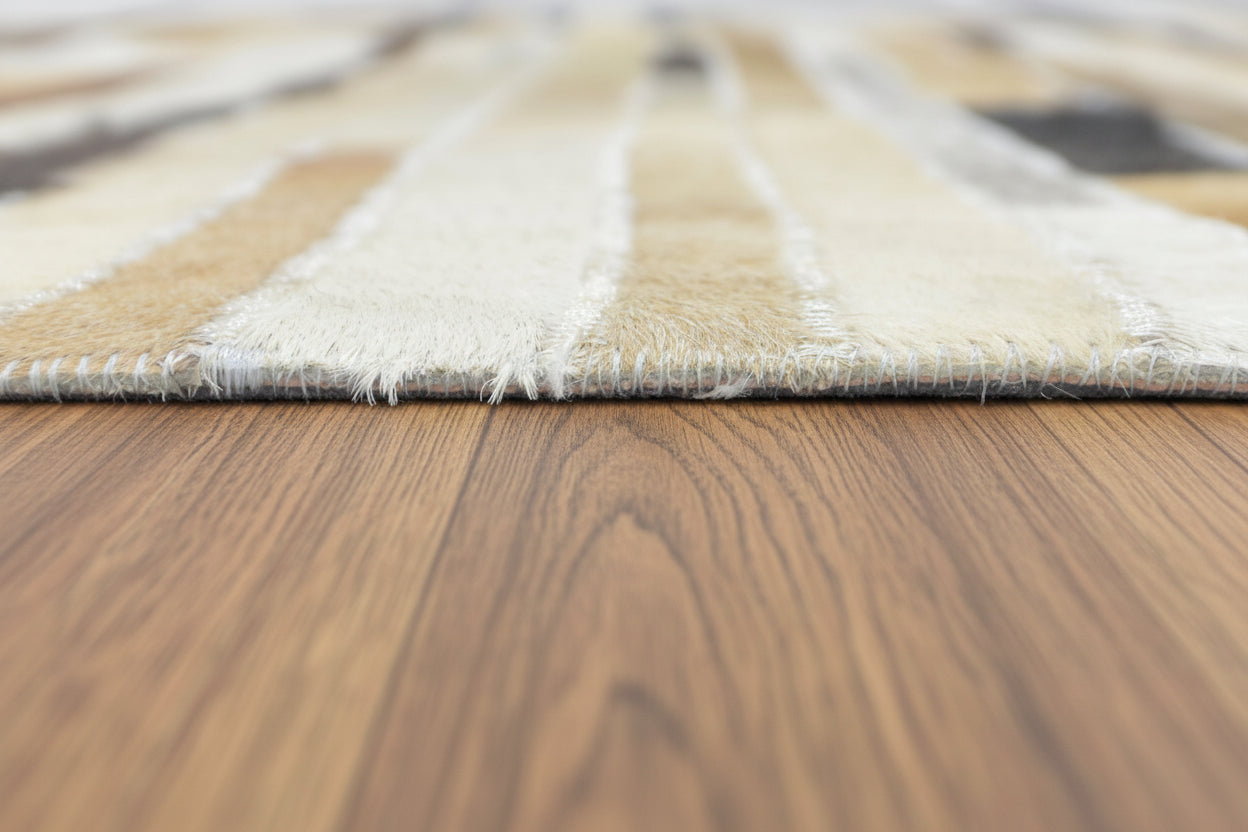 Allx Handmade Leather Brown Striped Area Rug | Modern Patchwork Cowhide Rug