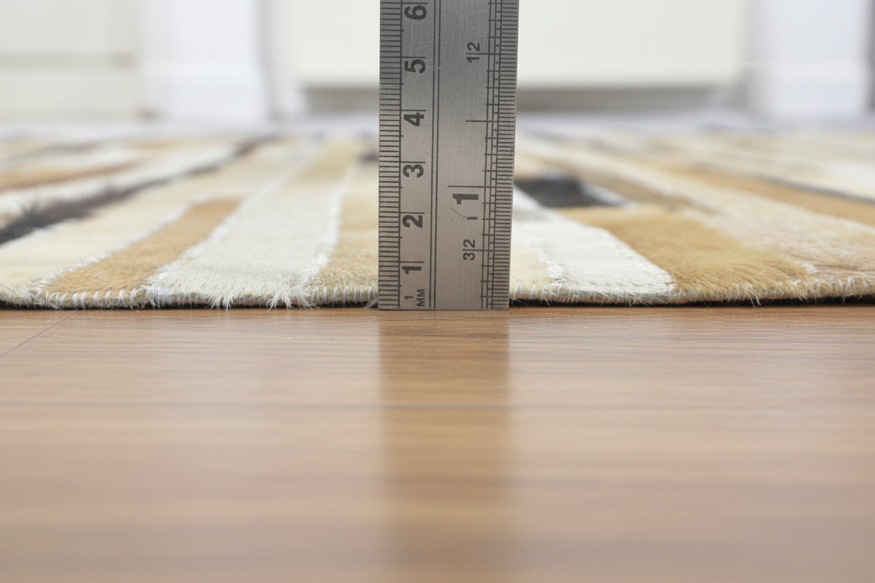 Allx Handmade Leather Brown Striped Area Rug | Modern Patchwork Cowhide Rug