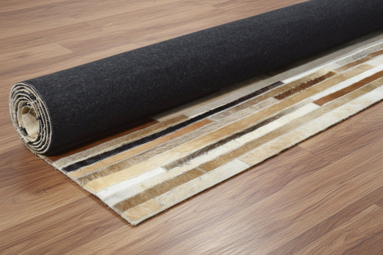 Allx Handmade Leather Brown Striped Area Rug | Modern Patchwork Cowhide Rug