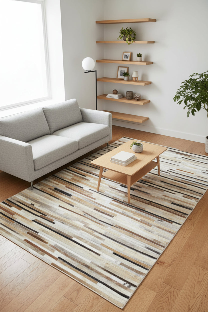 Allx Handmade Leather Brown Striped Area Rug | Modern Patchwork Cowhide Rug