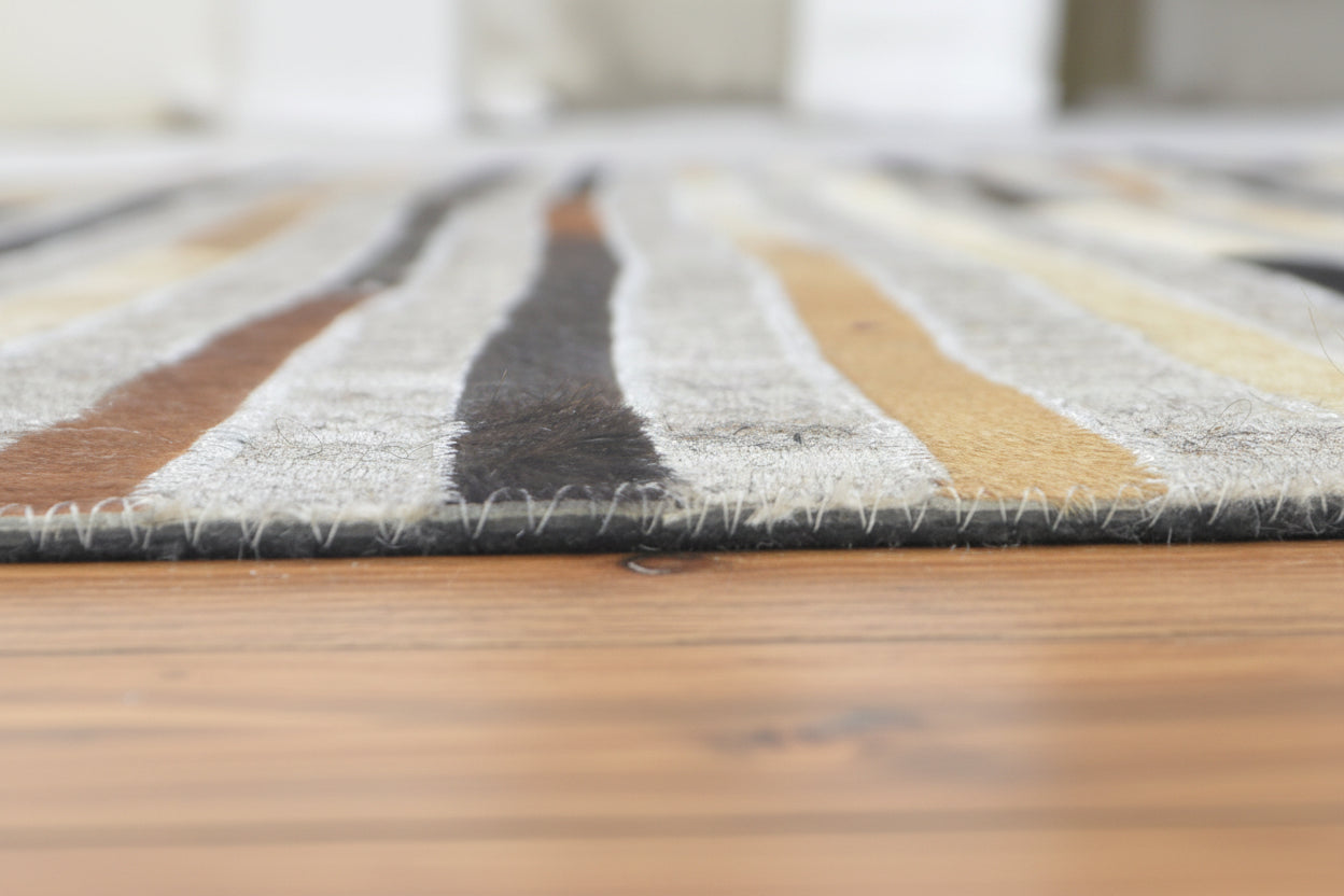 Marisa Handmade Leather Gray Striped Rug | Modern Patchwork Cowhide Rug