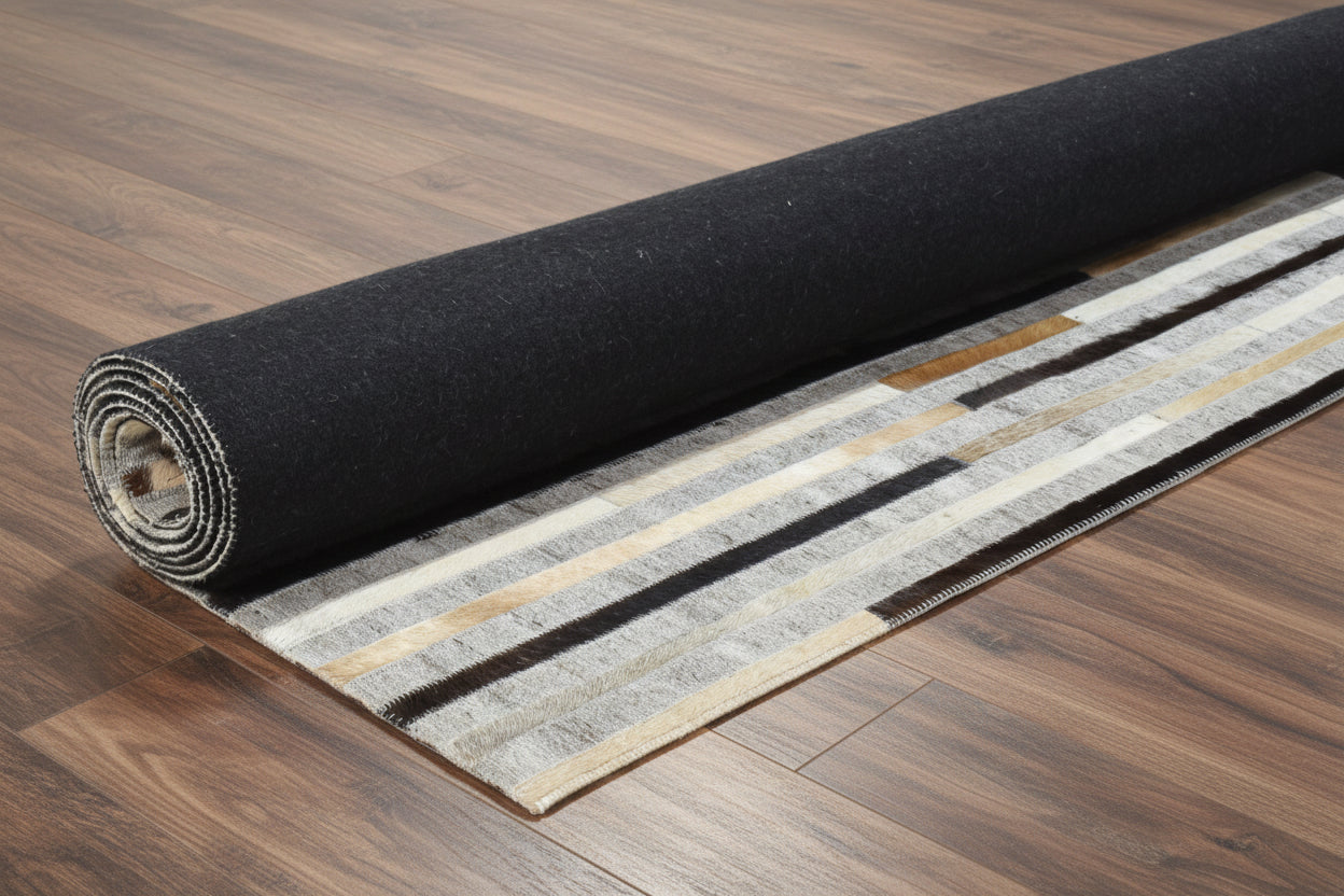 Marisa Handmade Leather Gray Striped Rug | Modern Patchwork Cowhide Rug