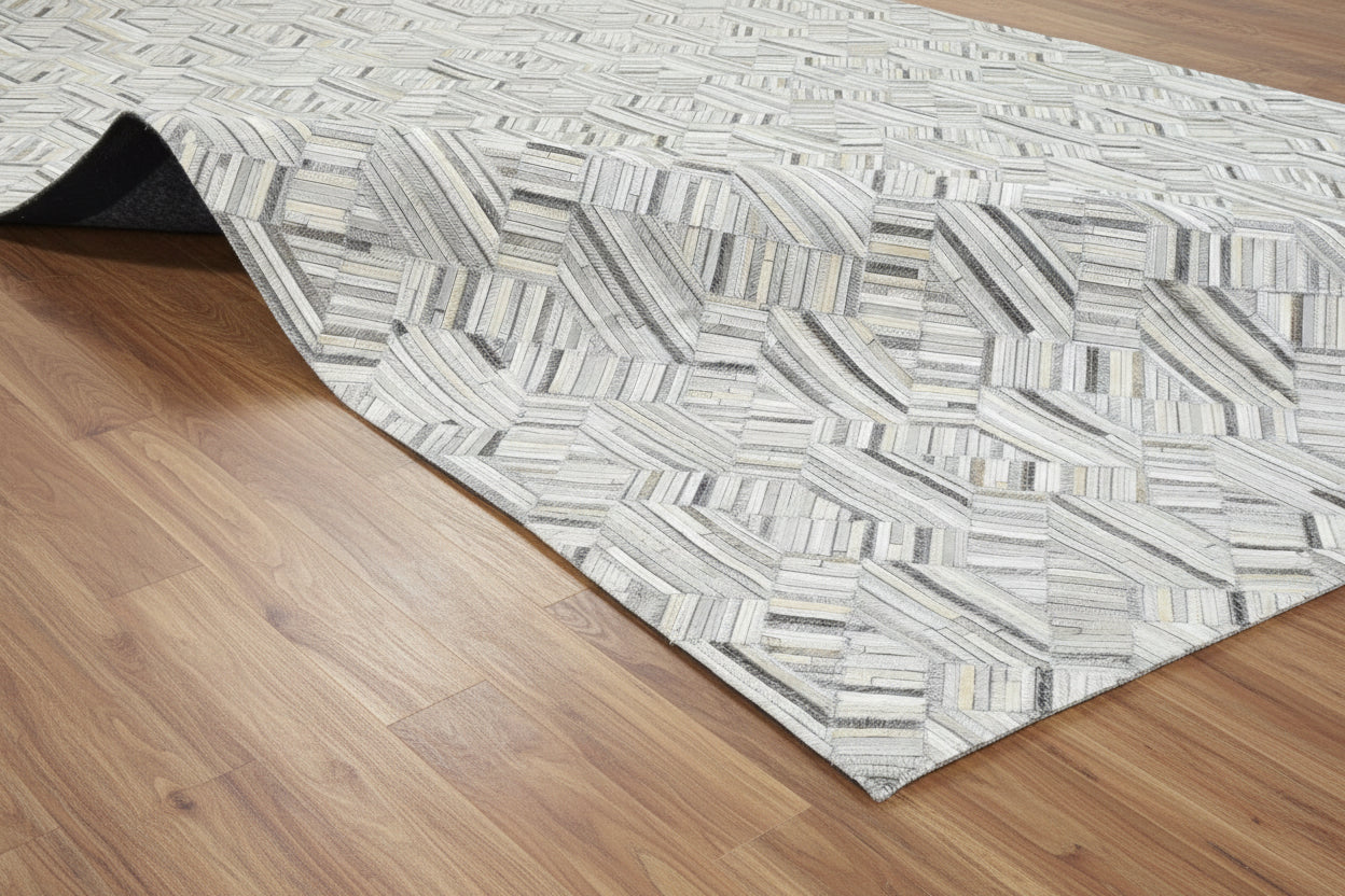 Honeycomb Leather Handmade Gray Rug | Scandinavian Patchwork Cowhide Area Rug