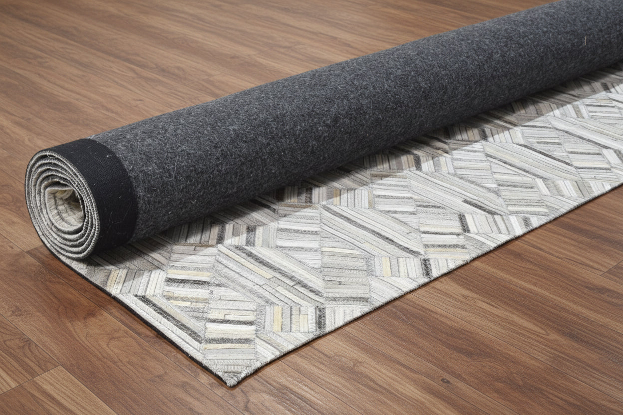 Honeycomb Leather Handmade Gray Rug | Scandinavian Patchwork Cowhide Area Rug