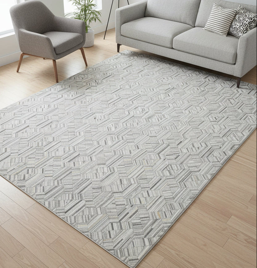 Honeycomb Leather Handmade Gray Rug | Scandinavian Patchwork Cowhide Area Rug