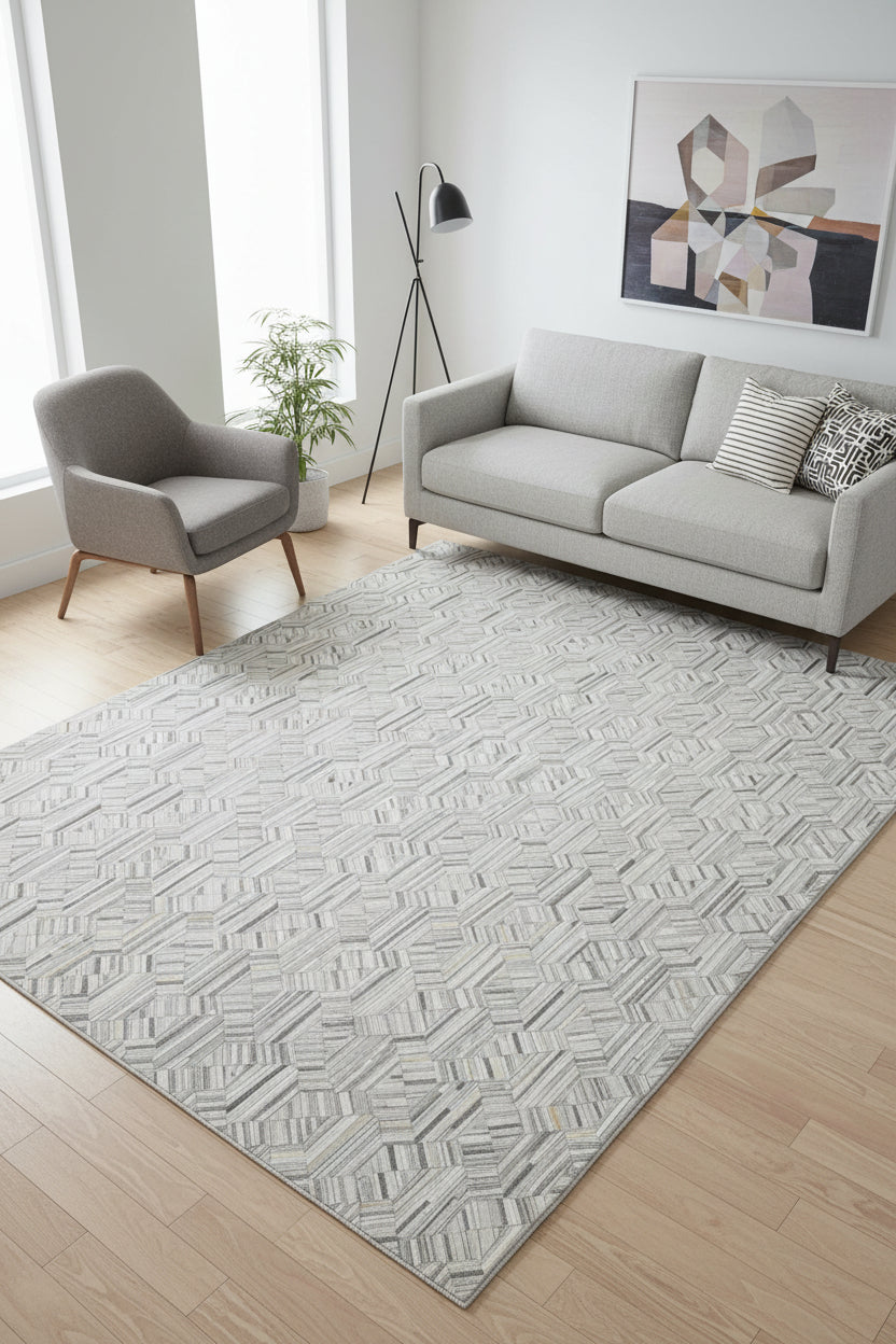 Honeycomb Leather Handmade Gray Rug | Scandinavian Patchwork Cowhide Area Rug