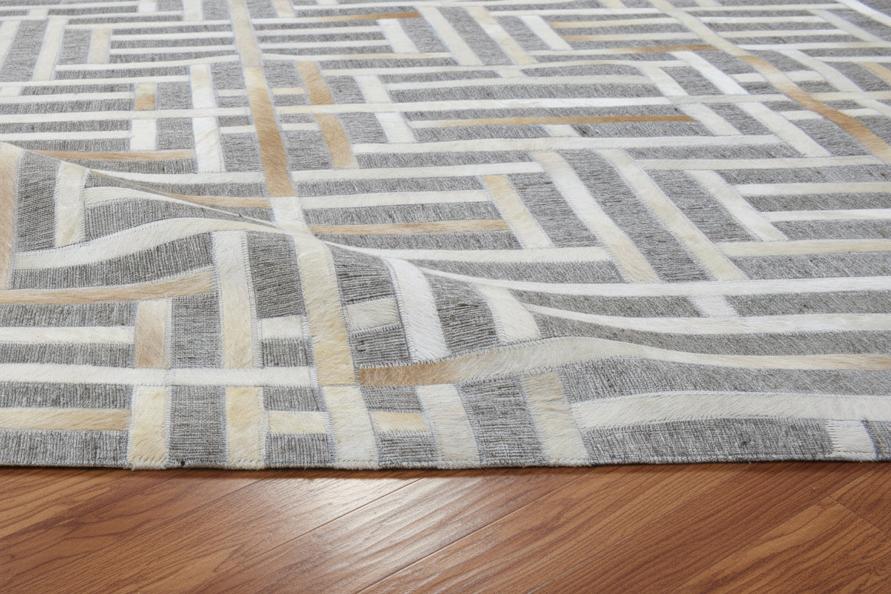 Candis Handmade Leather Gray Rug Modern Patchwork Cowhide Area Rug