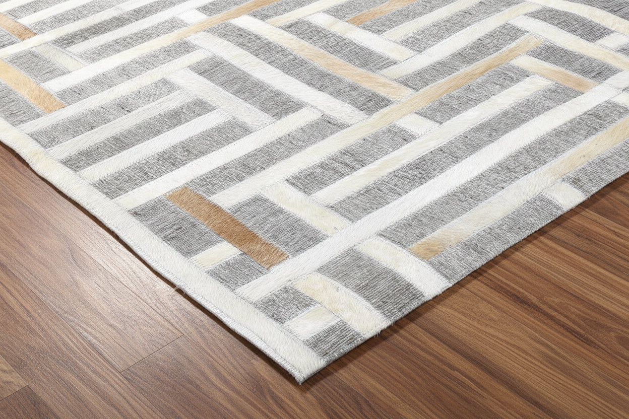 Candis Handmade Leather Gray Rug Modern Patchwork Cowhide Area Rug