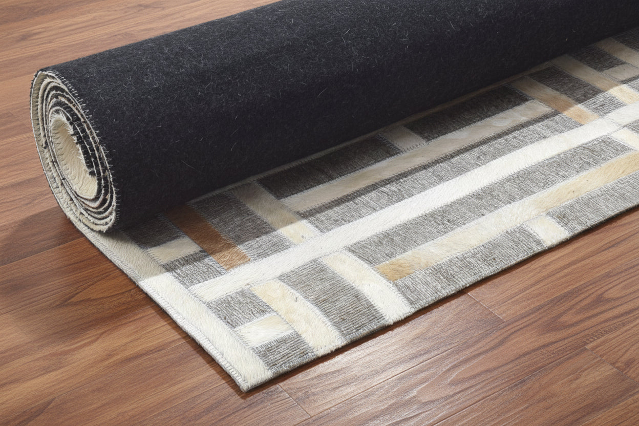 Candis Handmade Leather Gray Rug Modern Patchwork Cowhide Area Rug