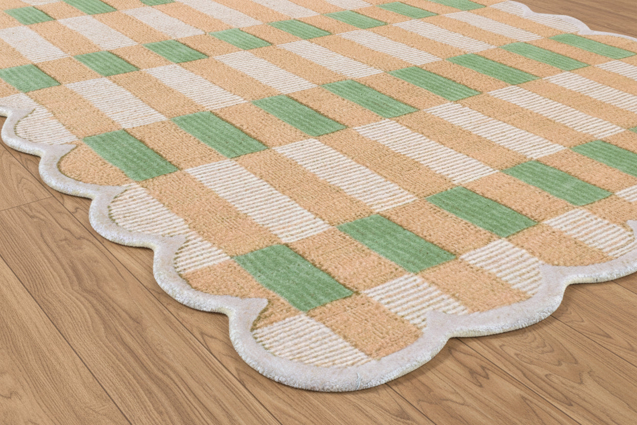 Matilda Green Scalloped Handmade Rust Plaid Rug – Modern Checkered Area Rug