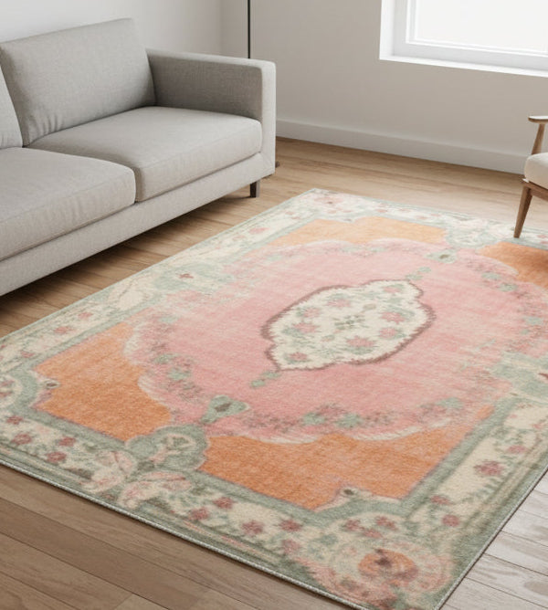 Marisol Vintage Floral Medallion Handmade Pink Area Rug – Traditional Oriental Style