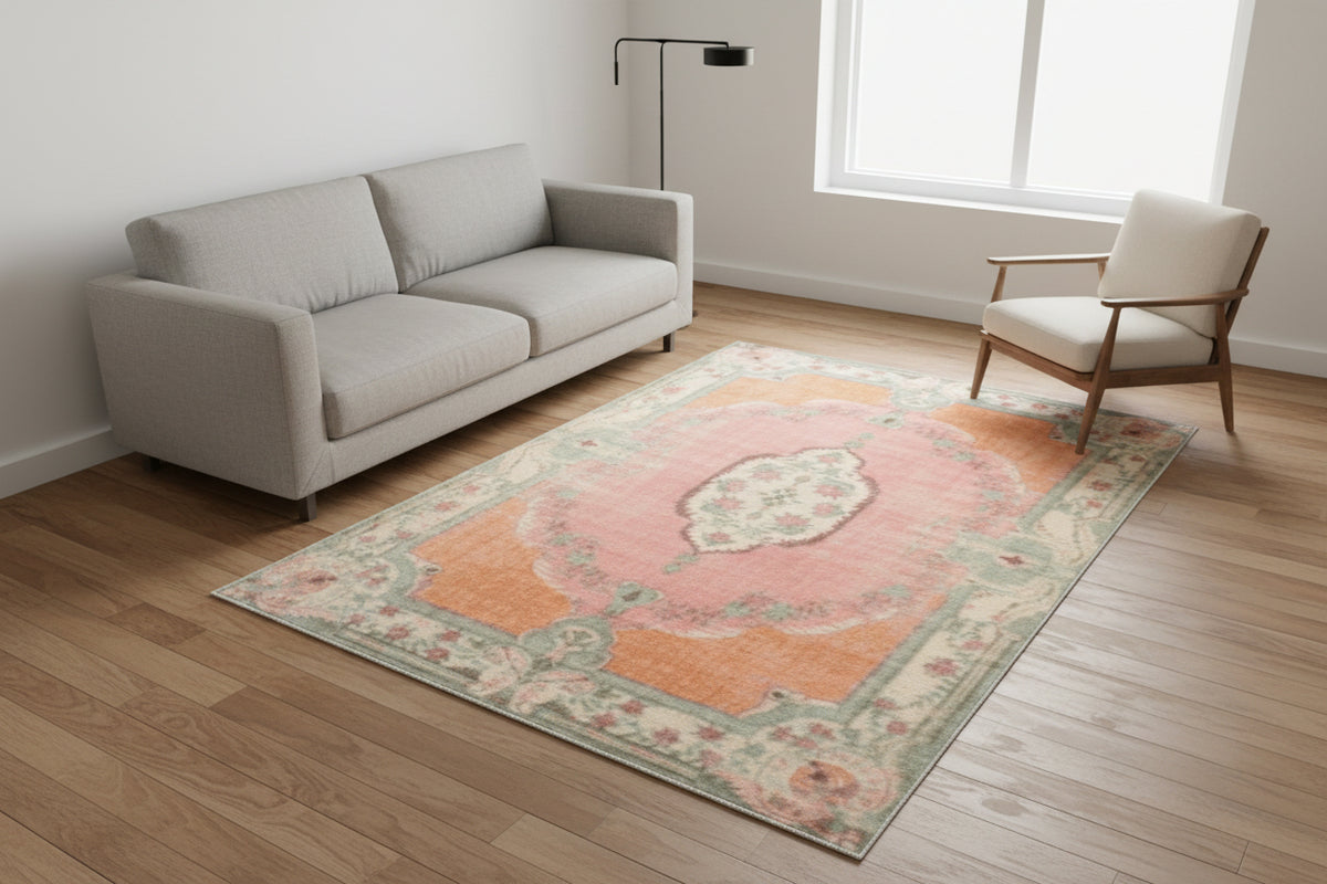Marisol Vintage Floral Medallion Handmade Pink Area Rug – Traditional Oriental Style