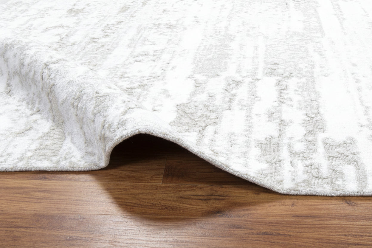 Linear Striation Handmade Loom Knotted Silk Like Lusture Rug - Ivory & Champagne Luxury Abstract Area Rug
