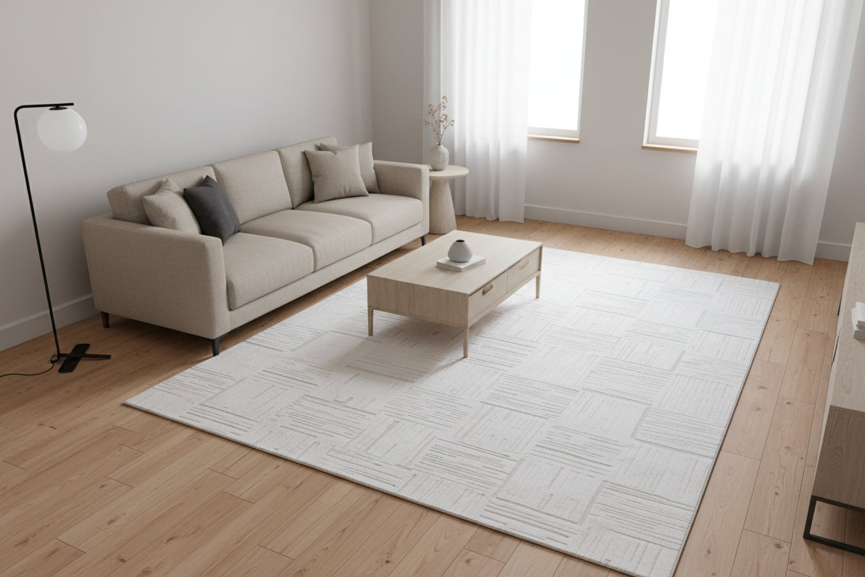 Etched Grid Handmade Ivory Off-White Plaids Area Rug – Modern Geometric Loom Knotted Wool Silk Rug