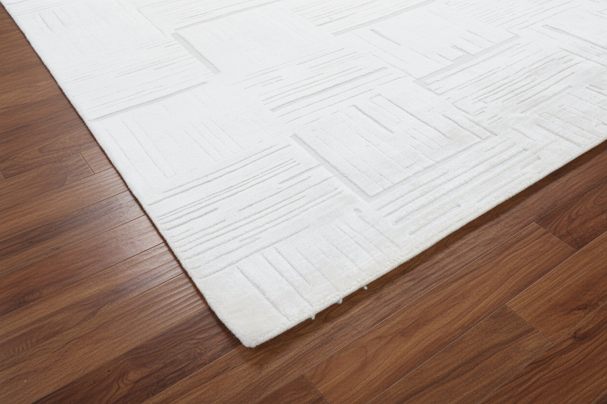 Etched Grid Handmade Ivory Off-White Plaids Area Rug – Modern Geometric Loom Knotted Wool Silk Rug