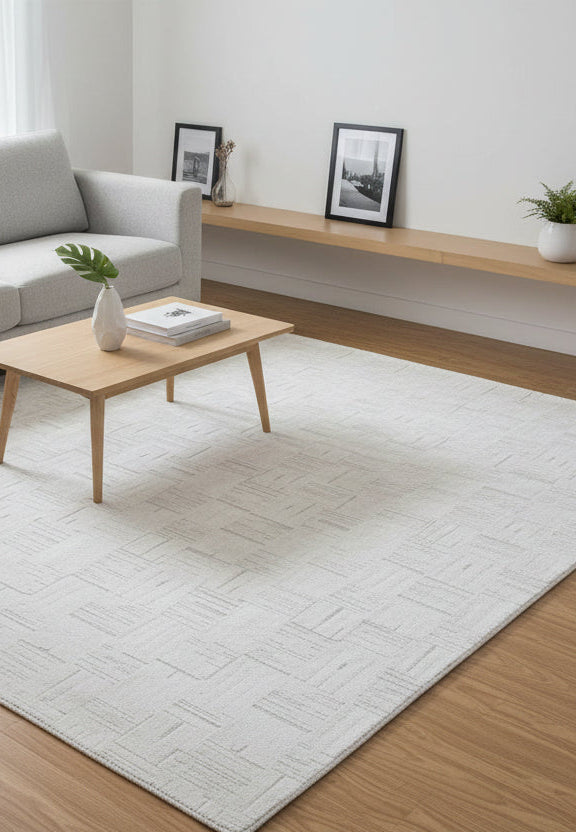Etched Grid Handmade Beige champagne Plaids Area Rug – Modern Geometric Loom Knotted Wool Silk Rug