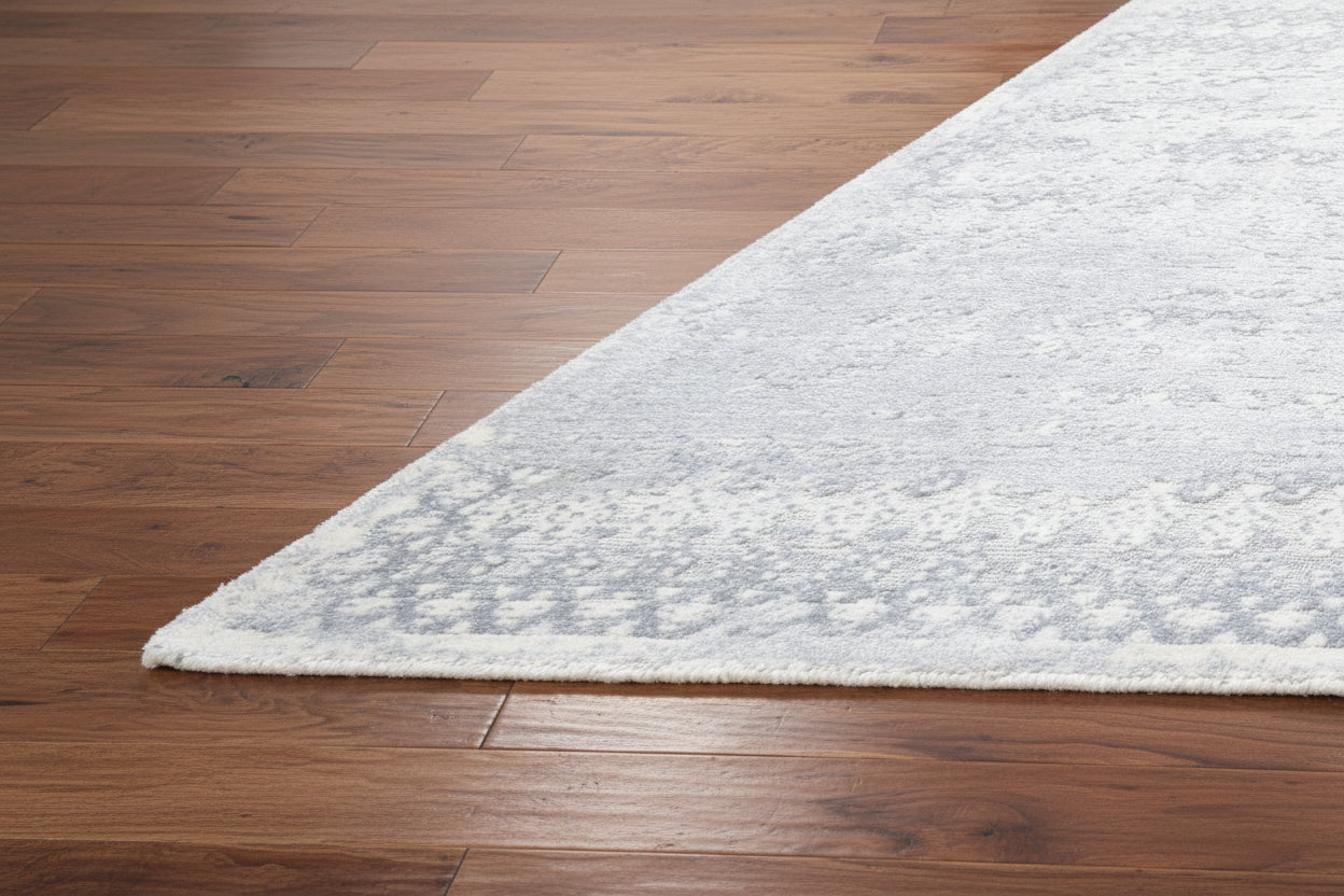Antiqua Mist Distressed Handmade Loom Knotted Abstract Area Rug – Modern Silver & Blue Rug