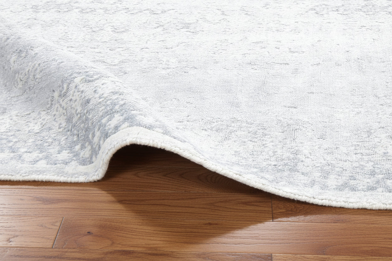 Antiqua Mist Distressed Handmade Loom Knotted Abstract Area Rug – Modern Silver & Blue Rug
