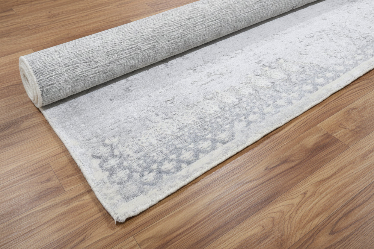 Antiqua Mist Distressed Handmade Loom Knotted Abstract Area Rug – Modern Silver & Blue Rug