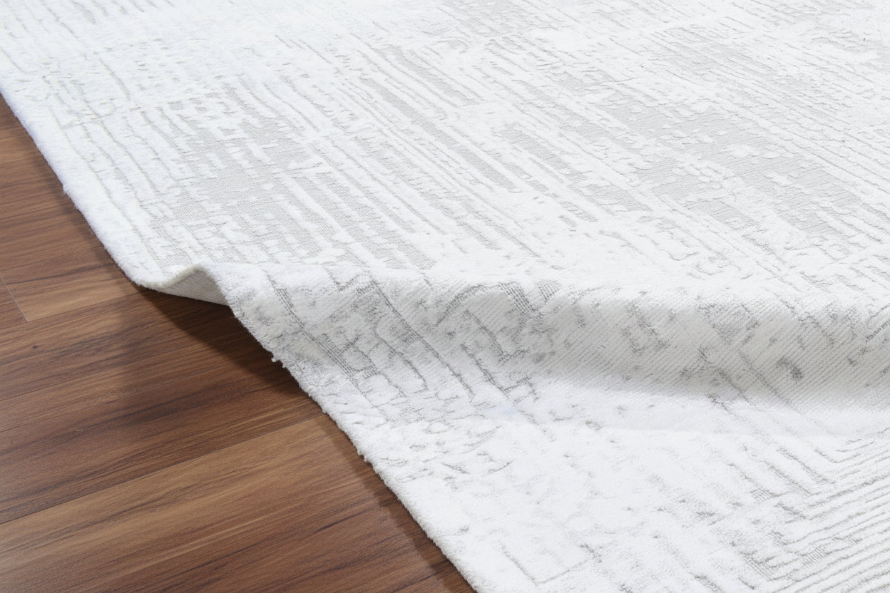 Framify Silver Handmade Linear Rug – Ivory & Gray Hand Loom Knotted Bordered Rug
