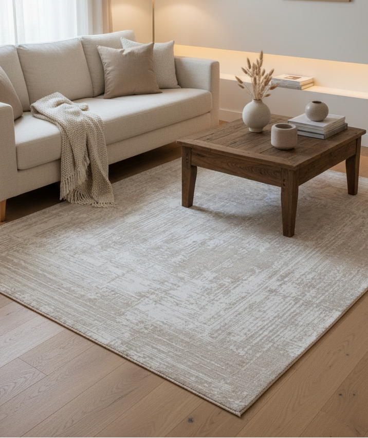 Framify Geometric Handmade Linear Rug – Beige Hand Loom Knotted Layered Border Rug