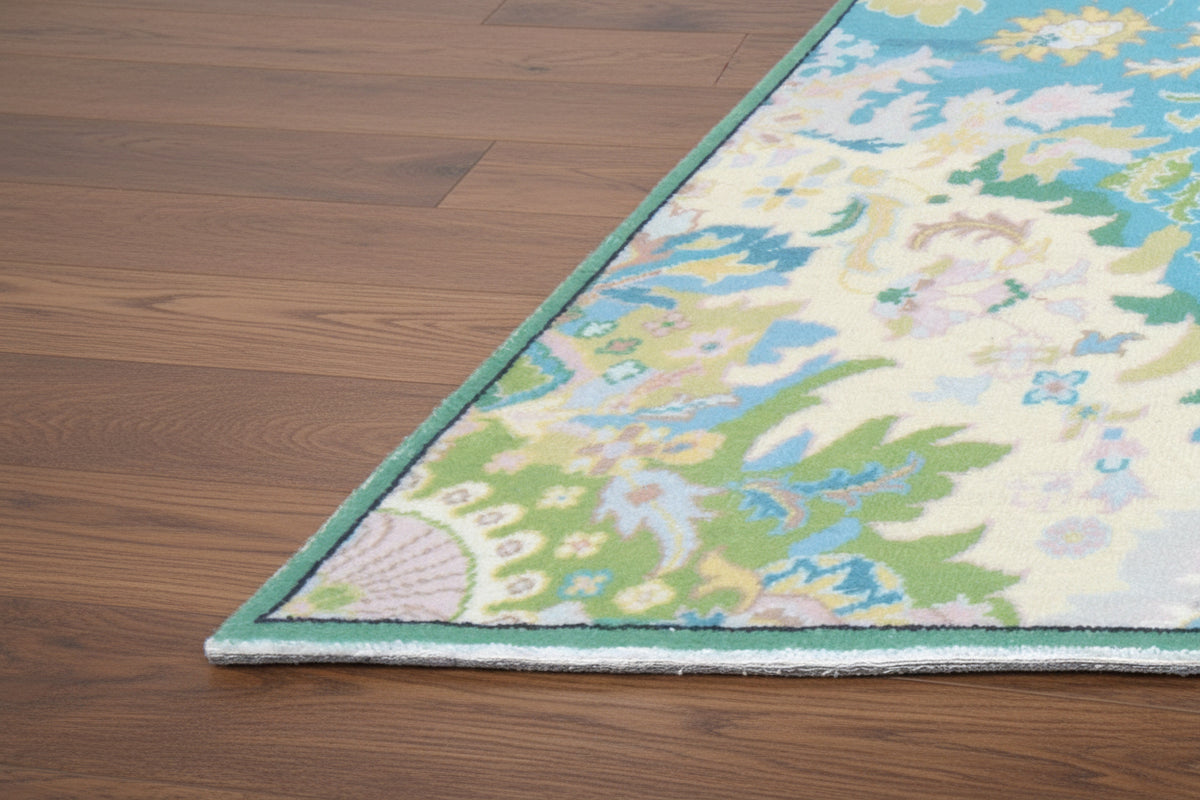 Valentina Handmade Aqua Blue Medallion Area Rug – Transitional Artisanal Oushak Style
