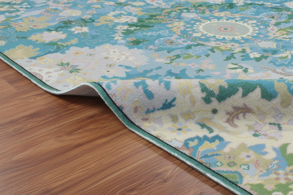 Valentina Handmade Aqua Blue Medallion Area Rug – Transitional Artisanal Oushak Style