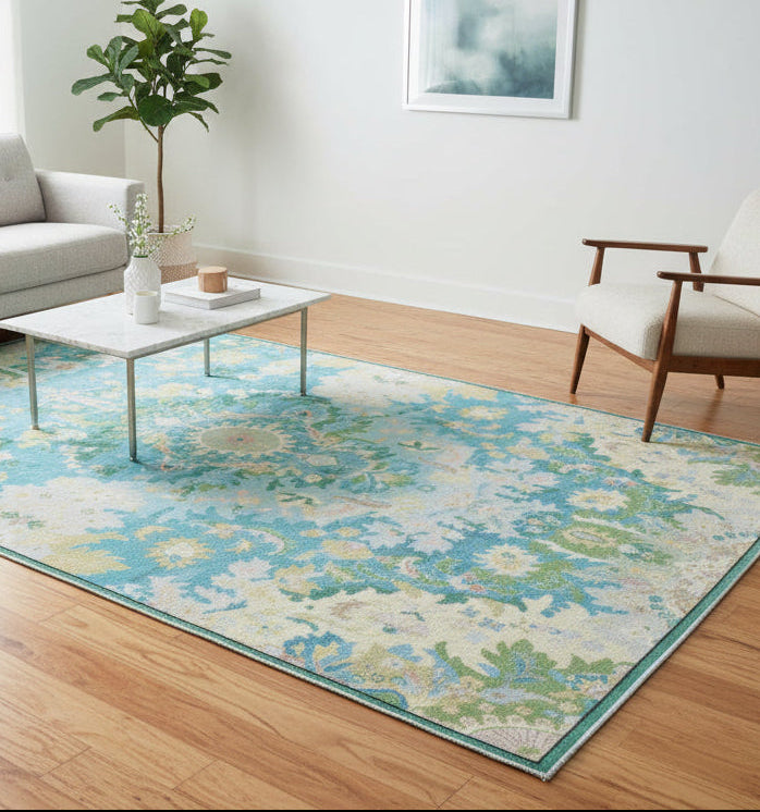Valentina Handmade Aqua Blue Medallion Area Rug – Transitional Artisanal Oushak Style