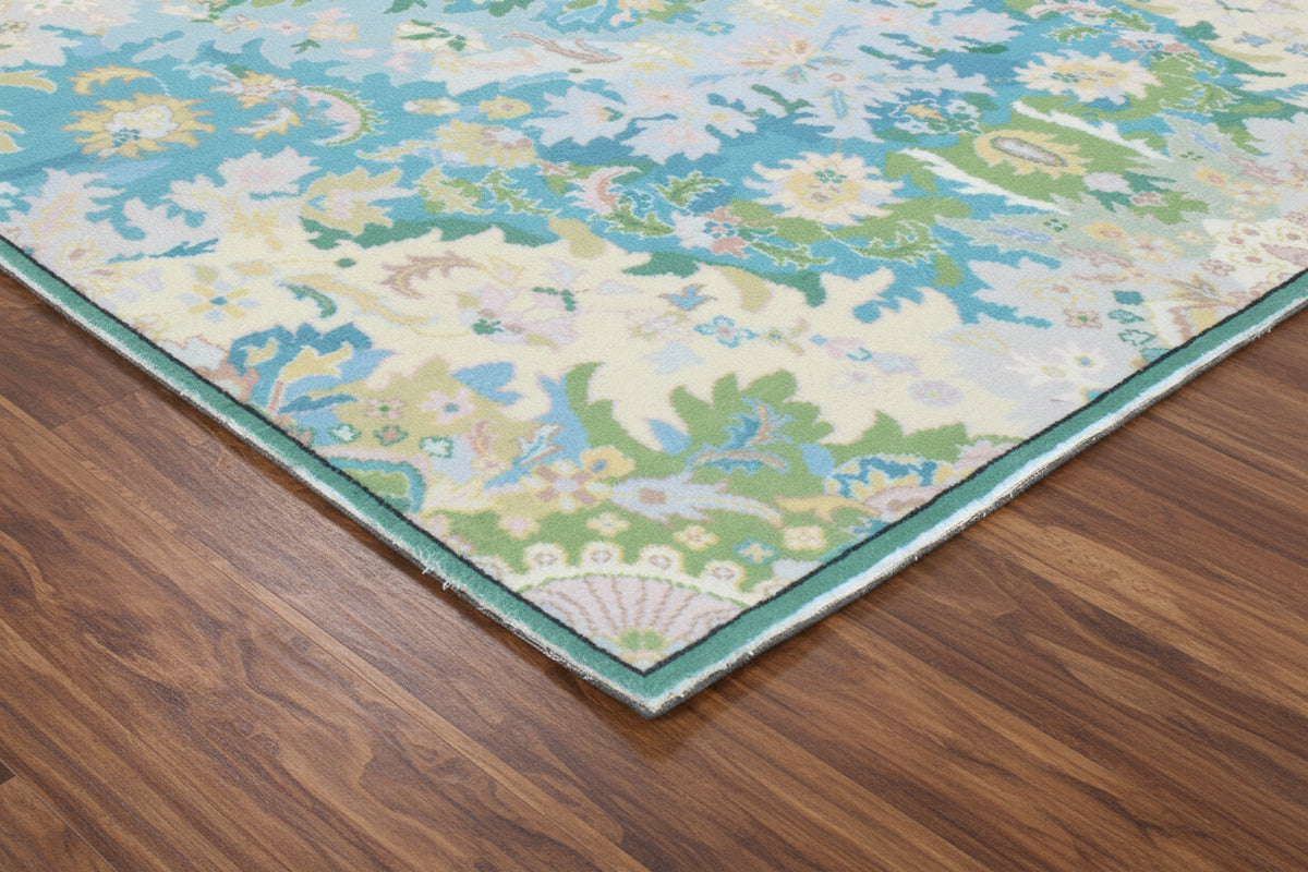 Valentina Handmade Aqua Blue Medallion Area Rug – Transitional Artisanal Oushak Style