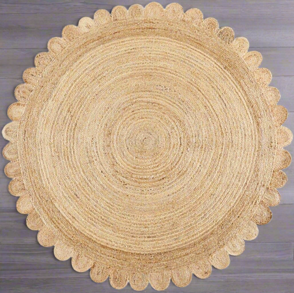 Olivya Scalloped Jute Rug – Natural Braided Handmde Rug Area Rug