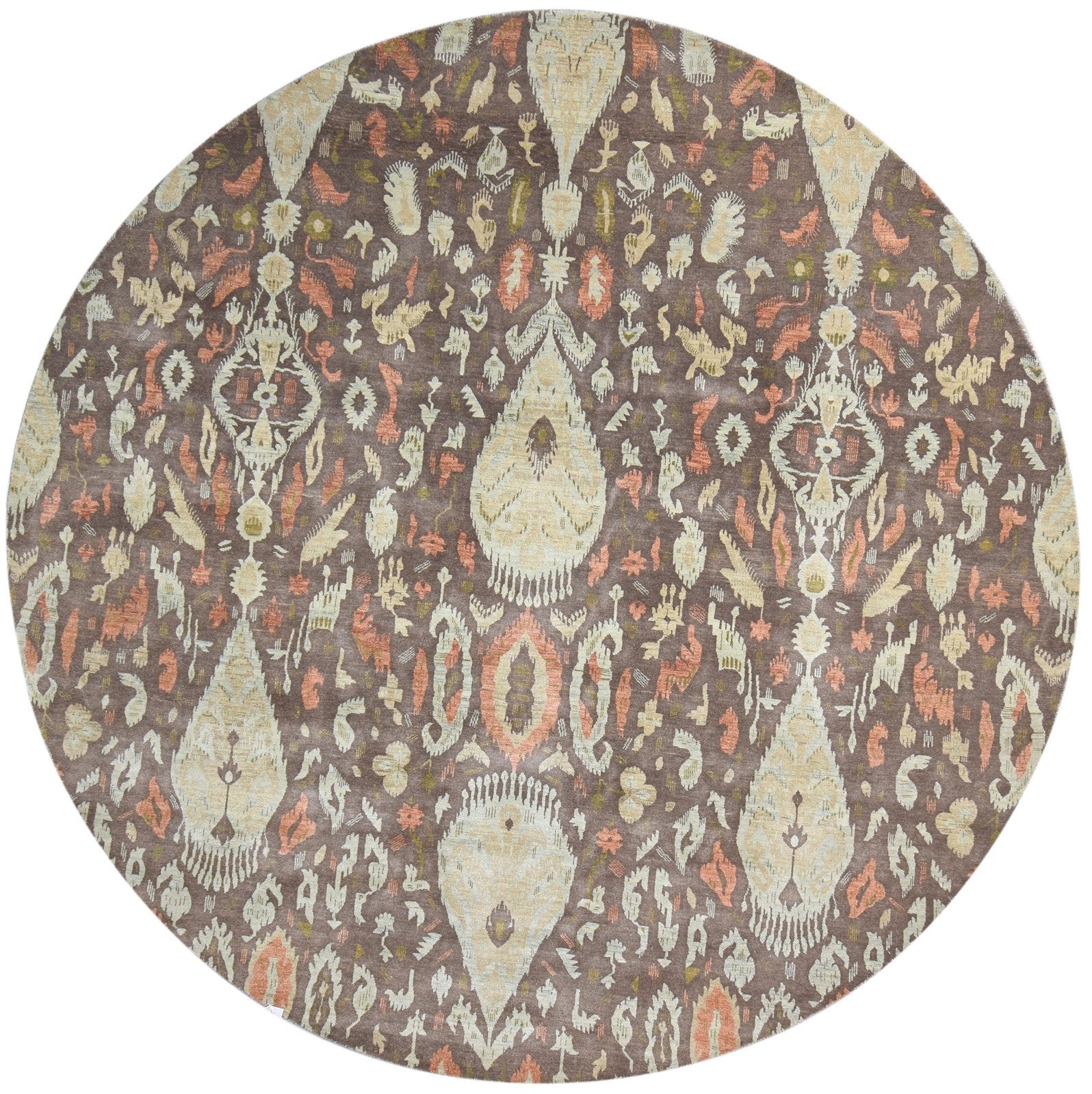 10X10 Rug Wool Brown Transitional Hand Knotted European Ikat Extra Large Round   7864617697429