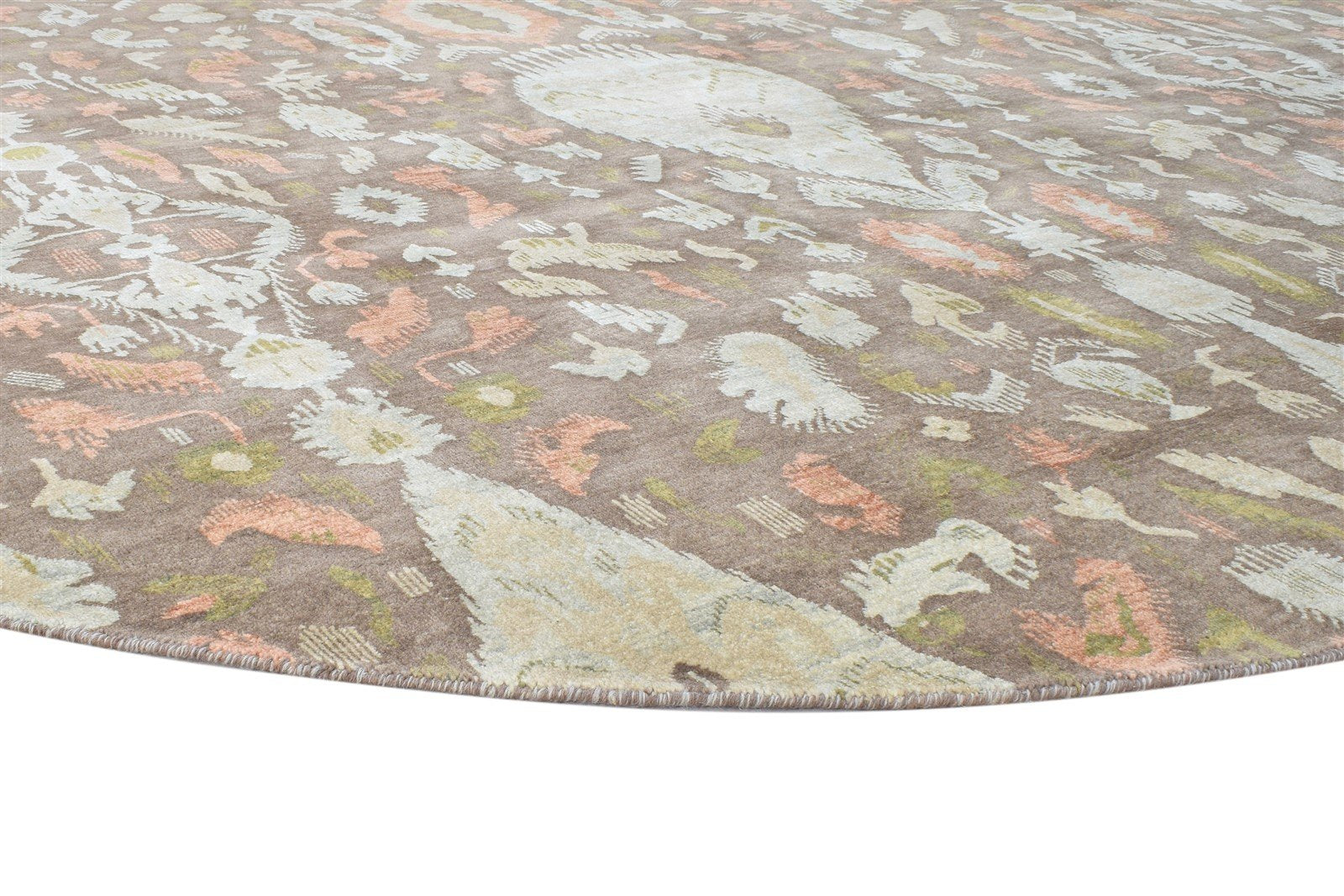 10X10 Rug Wool Brown Transitional Hand Knotted European Ikat Extra Large Round   7864617697429