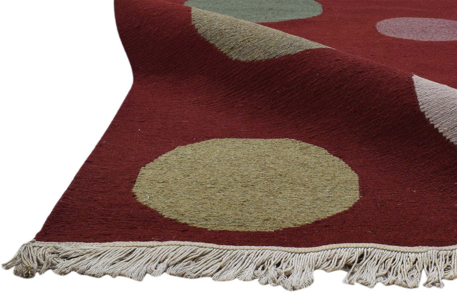 Hand Knotted Red Wool Rug 5' X 8' Modern Scandinavian Circles Room Size Carpet 