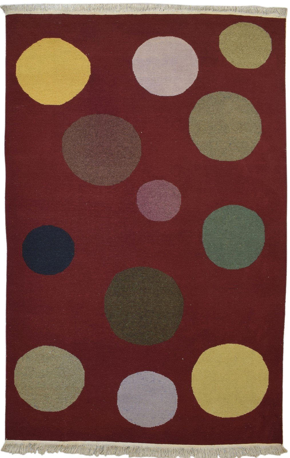 Hand Knotted Red Wool Rug 5' X 8' Modern Scandinavian Circles Room Size Carpet