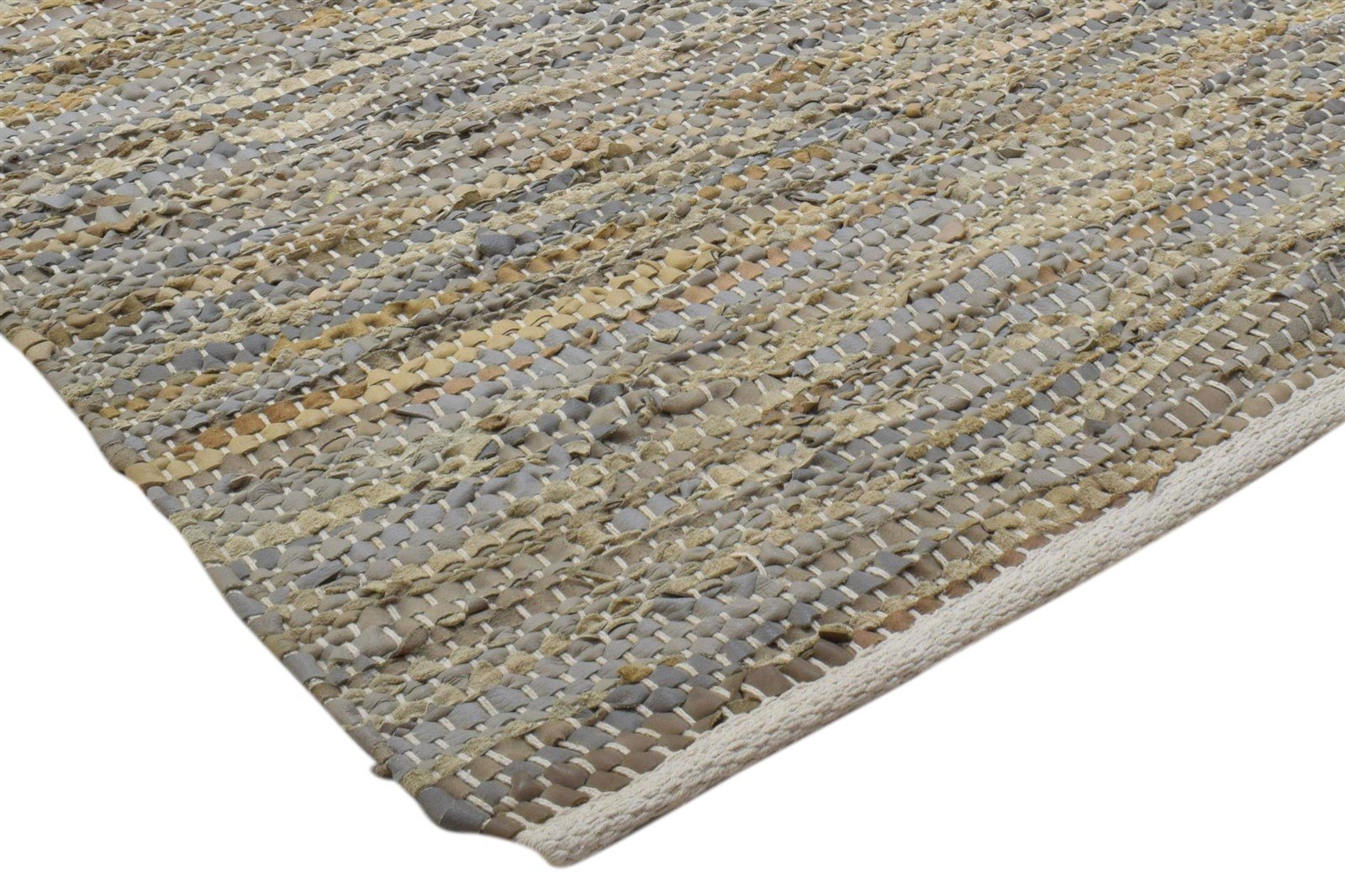 Hand Woven Beige Leather Rug 3X5 Modern Scandinavian Striped Room Size Carpet 