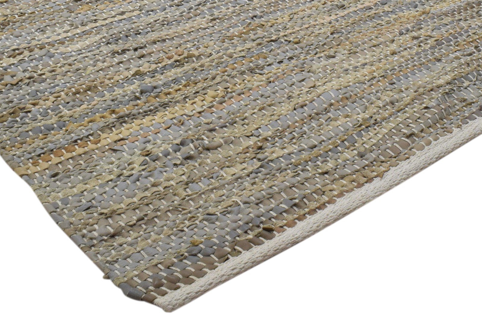 Hand Woven Beige Leather Rug 3X5 Modern Scandinavian Striped Room Size Carpet 