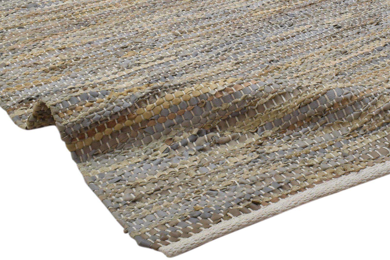 Hand Woven Beige Leather Rug 3X5 Modern Scandinavian Striped Room Size Carpet 