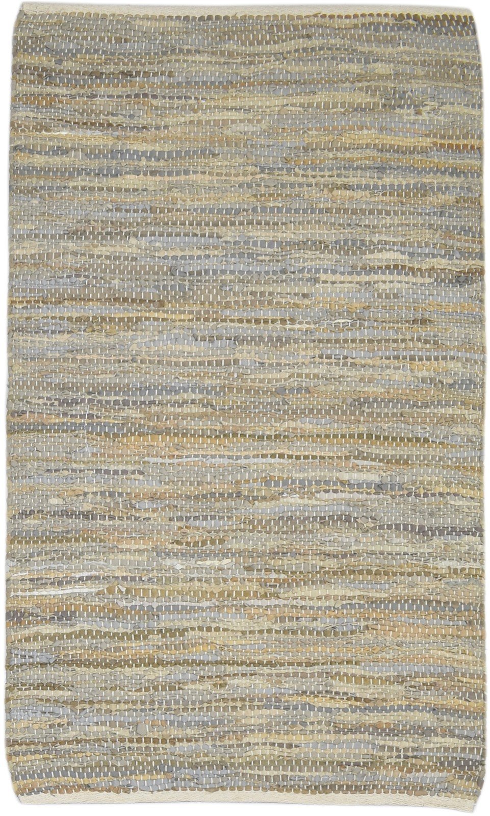 Hand Woven Beige Leather Rug 3X5 Modern Scandinavian Striped Room Size Carpet 